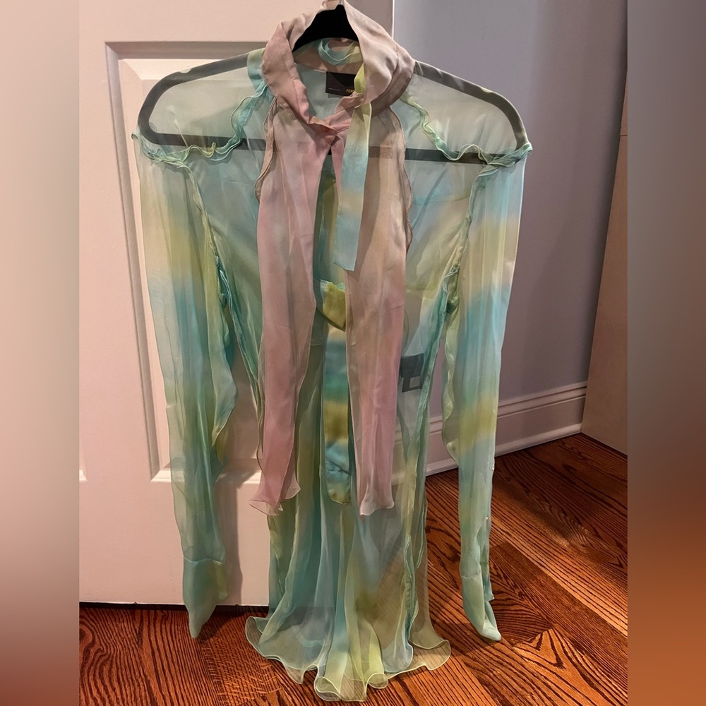 Fendi Silk Pastel Sheer Blouse with Tie Neck